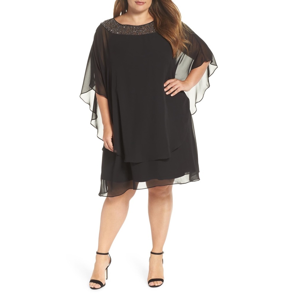 Beaded Neck Chiffon Overlay Dress
